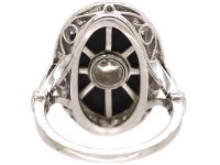 French Art Deco Platinum, Onyx & Diamond Oval Ring
