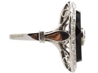 French Art Deco Platinum, Onyx & Diamond Oval Ring