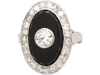 French Art Deco Platinum, Onyx & Diamond Oval Ring