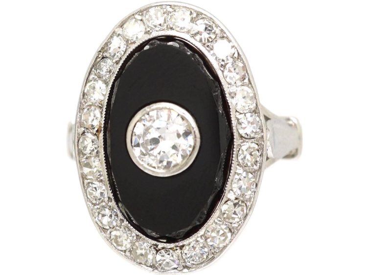 French Art Deco Platinum, Onyx & Diamond Oval Ring