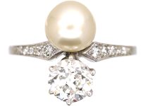 Edwardian Platinum Ring set with a Diamond & Natural Saltwater Pearl