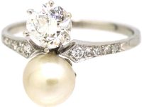 Edwardian Platinum Ring set with a Diamond & Natural Saltwater Pearl