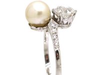 Edwardian Platinum Ring set with a Diamond & Natural Saltwater Pearl