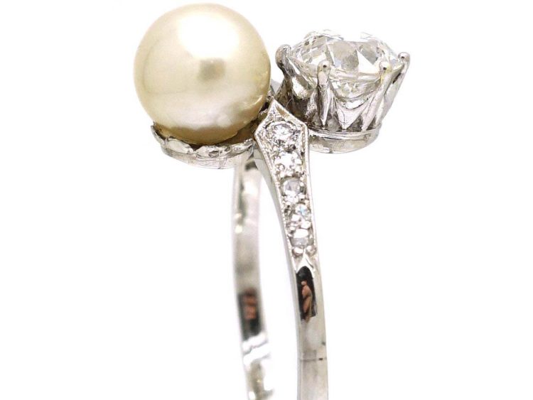 Edwardian Platinum Ring set with a Diamond & Natural Saltwater Pearl