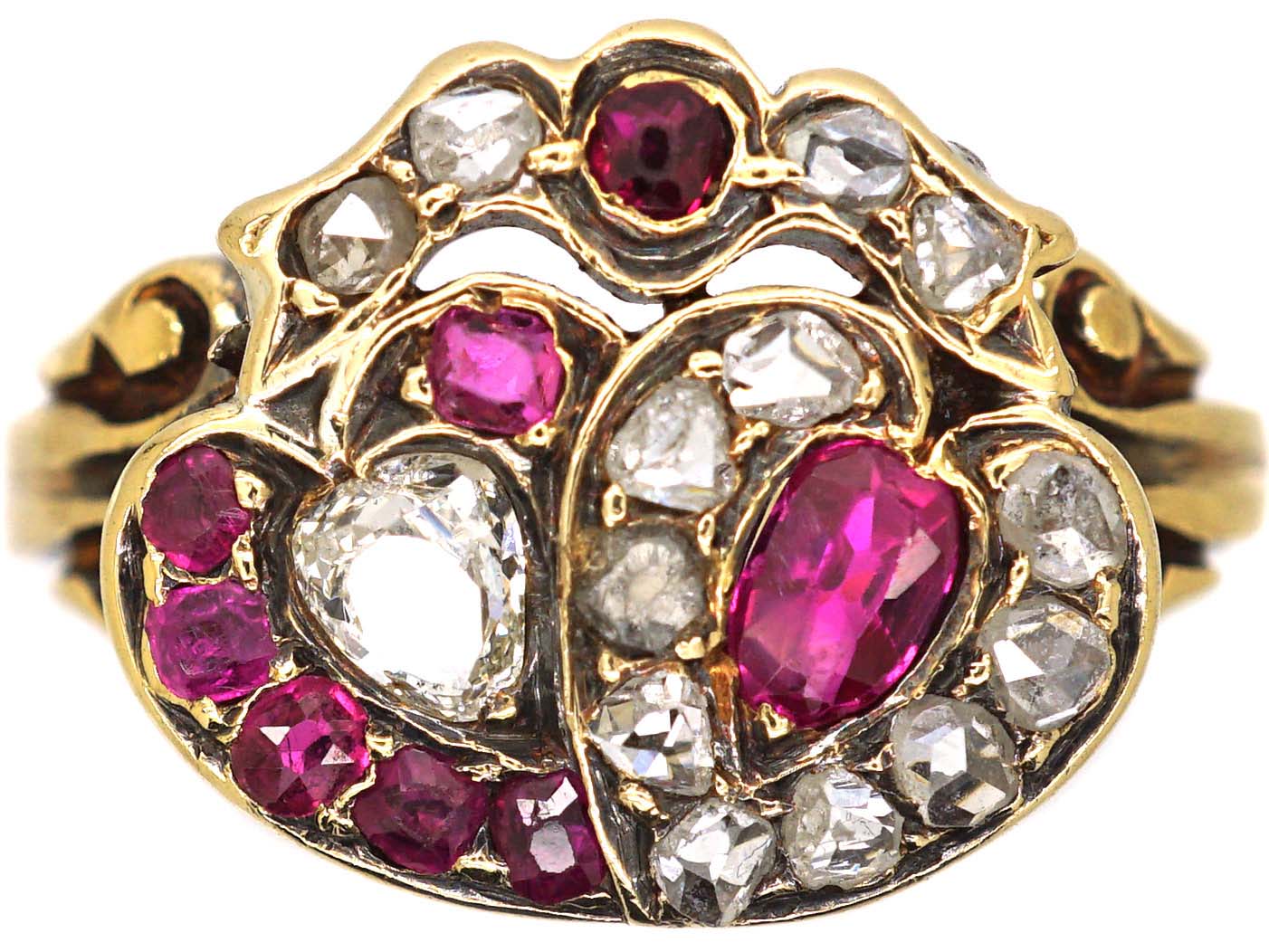 Victorian 18ct Gold Double Heart Ring set with Rubies & Diamonds