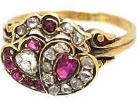 Victorian 18ct Gold Double Heart Ring set with Rubies & Diamonds