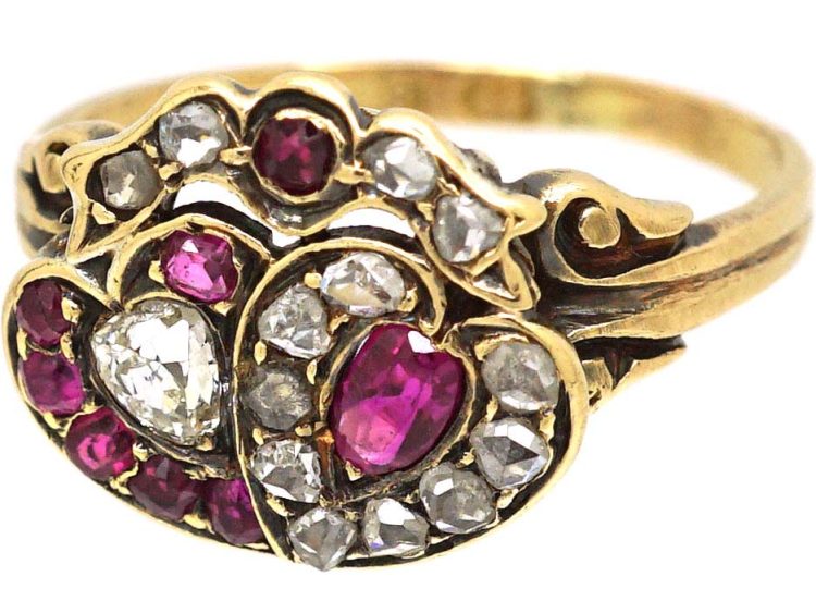 Victorian 18ct Gold Double Heart Ring set with Rubies & Diamonds