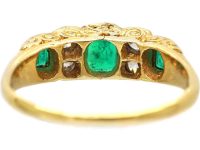 Victorian 18ct Gold Three Stone Emerald & Diamond Carved Half Hoop Ring