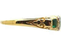 Victorian 18ct Gold Three Stone Emerald & Diamond Carved Half Hoop Ring