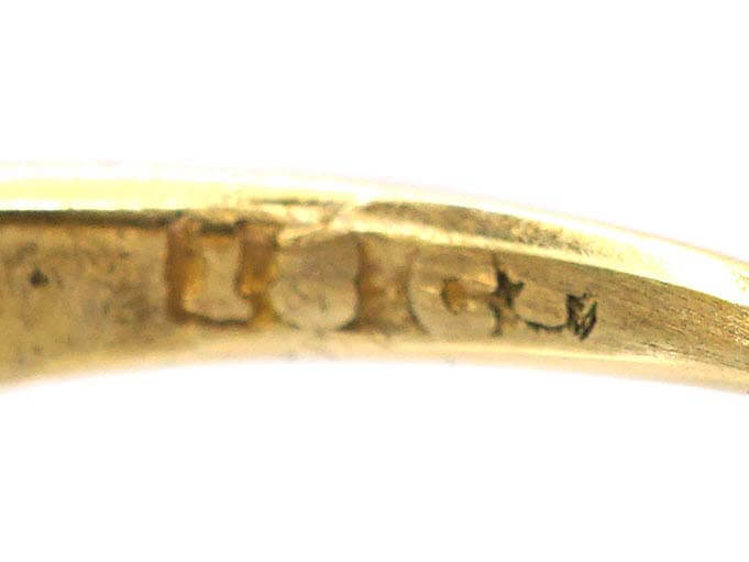 Victorian 18ct Gold Three Stone Emerald & Diamond Carved Half Hoop Ring