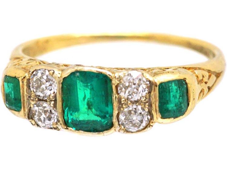 Victorian 18ct Gold Three Stone Emerald & Diamond Carved Half Hoop Ring