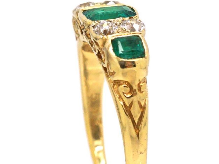 Victorian 18ct Gold Three Stone Emerald & Diamond Carved Half Hoop Ring