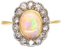 Edwardian 18ct Gold & Platinum, Opal & Diamond Oval Cluster Ring