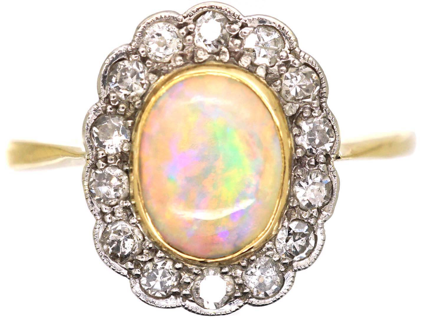 Edwardian 18ct Gold & Platinum, Opal & Diamond Oval Cluster Ring