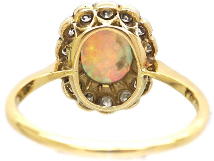 Edwardian 18ct Gold & Platinum, Opal & Diamond Oval Cluster Ring