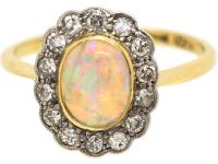 Edwardian 18ct Gold & Platinum, Opal & Diamond Oval Cluster Ring
