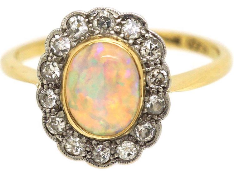 Edwardian 18ct Gold & Platinum, Opal & Diamond Oval Cluster Ring