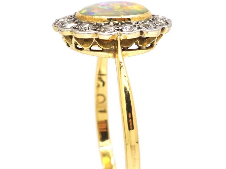 Edwardian 18ct Gold & Platinum, Opal & Diamond Oval Cluster Ring