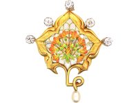 Art Nouveau French 18ct Gold Plique-a-Jour Enamel, Diamond & Natural Pearl Brooch Pendant