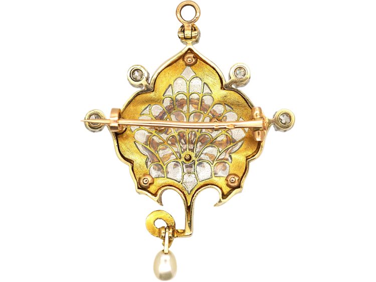 Art Nouveau French 18ct Gold Plique-a-Jour Enamel, Diamond & Natural Pearl Brooch Pendant