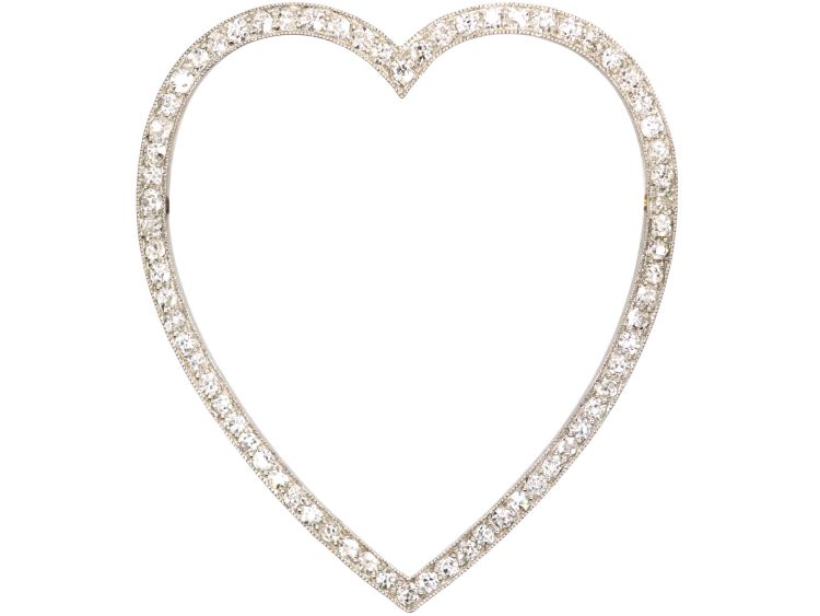 Edwardian Platinum Large Heart Shaped Brooch set with Diamonds