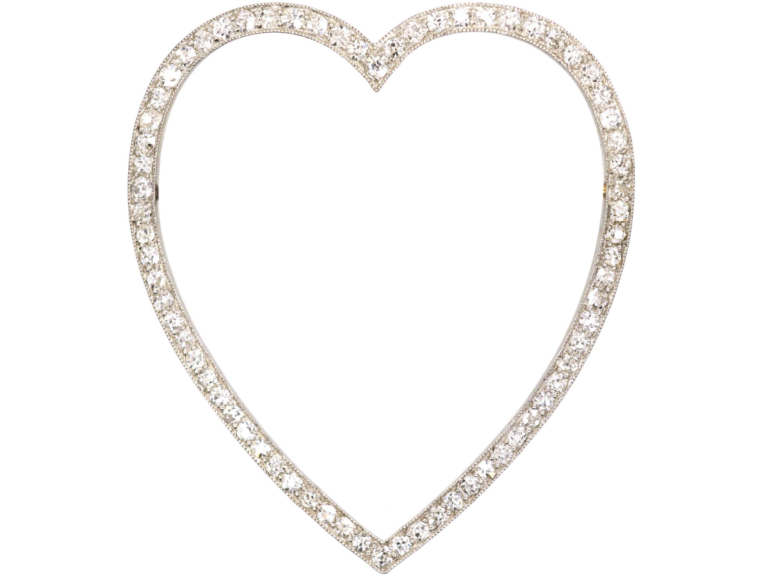 Edwardian Platinum Large Heart Shaped Brooch set with Diamonds