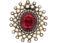 Georgian 9ct Gold Pendant set with Natural Split Pearls, Diamonds & Red Paste