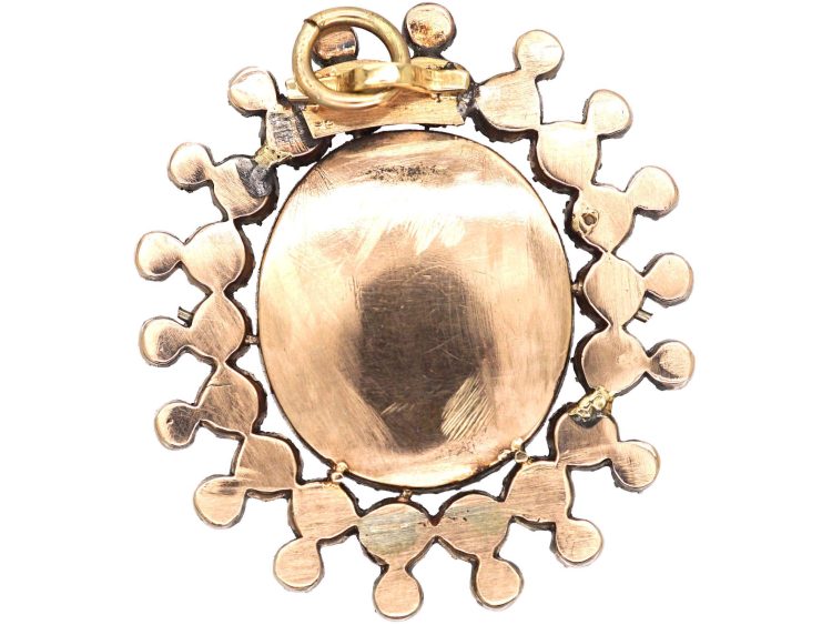 Georgian 9ct Gold Pendant set with Natural Split Pearls, Diamonds & Red Paste