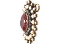 Georgian 9ct Gold Pendant set with Natural Split Pearls, Diamonds & Red Paste