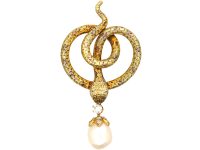 19th Century 14 Carat Gold & Diamond Snake Brooch with Baroque Pearl Drop