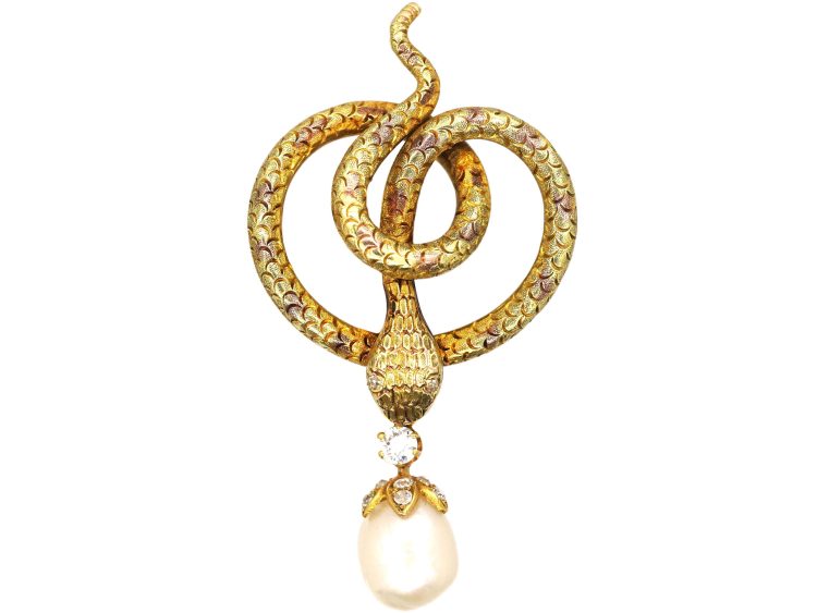 19th Century 14 Carat Gold & Diamond Snake Brooch with Baroque Pearl Drop