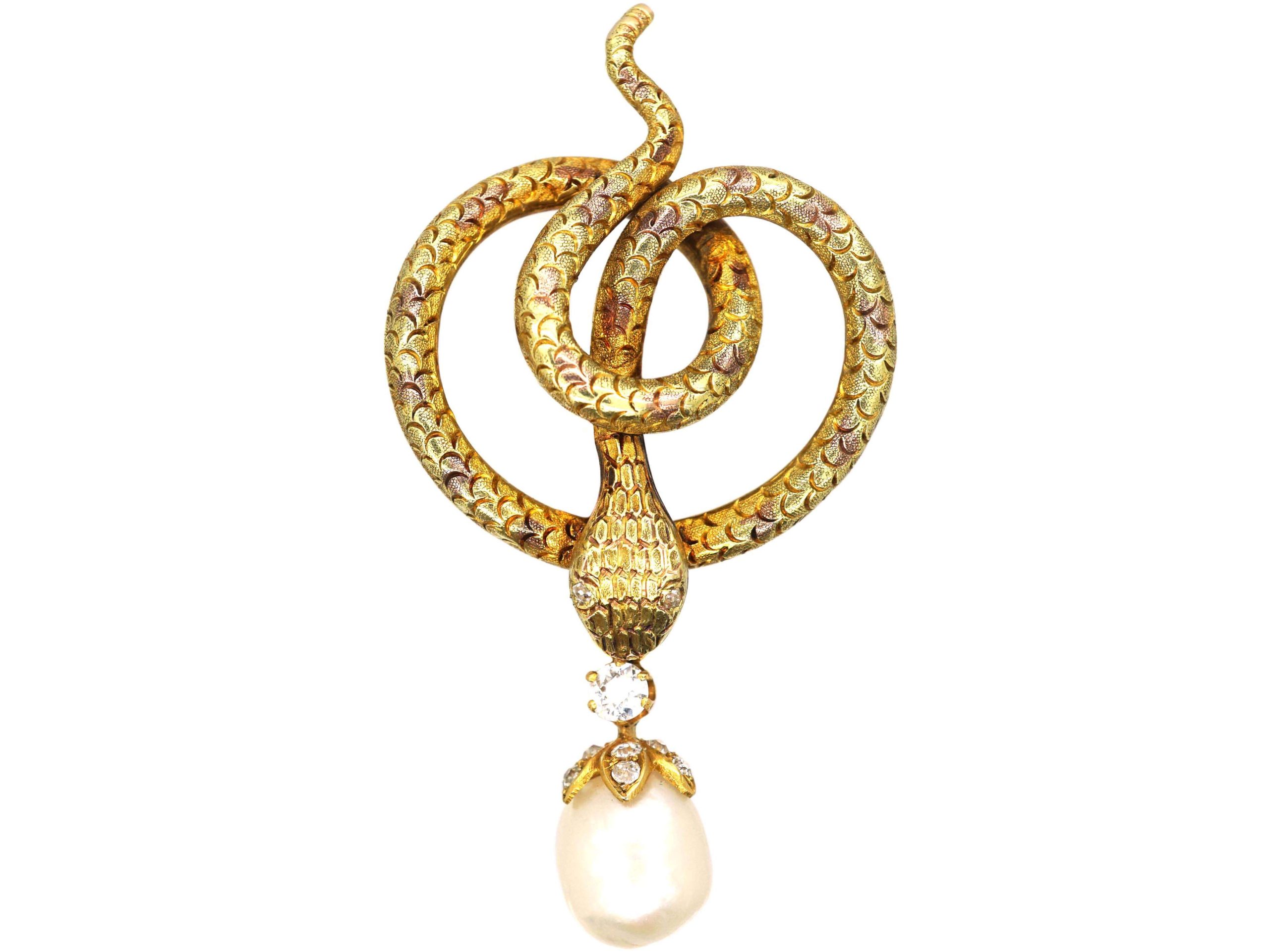 19th Century 14 Carat Gold & Diamond Snake Brooch with Baroque Pearl Drop