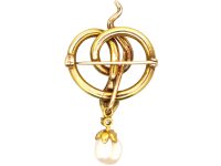 19th Century 14 Carat Gold & Diamond Snake Brooch with Baroque Pearl Drop