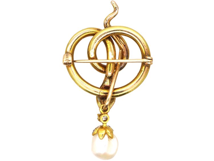 19th Century 14 Carat Gold & Diamond Snake Brooch with Baroque Pearl Drop
