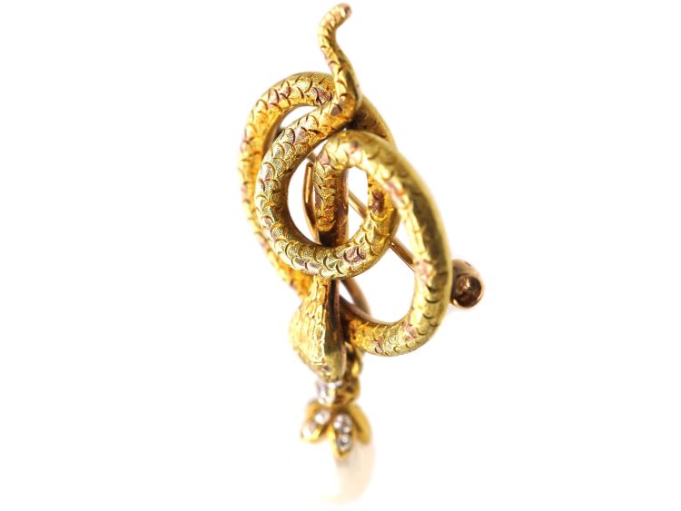 19th Century 14 Carat Gold & Diamond Snake Brooch with Baroque Pearl Drop