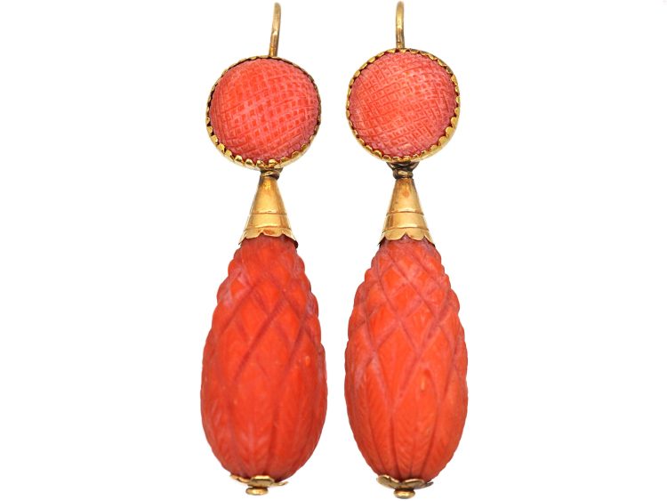 Georgian Gold & Coral Pineapple Drop Earrings