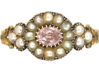 Georgian 9ct Gold Cluster Ring set with a Pink Tourmaline & Natural Split Pearls