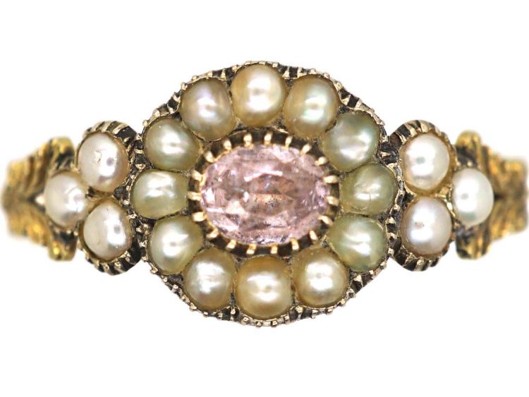 Georgian 9ct Gold Cluster Ring set with a Pink Tourmaline & Natural Split Pearls
