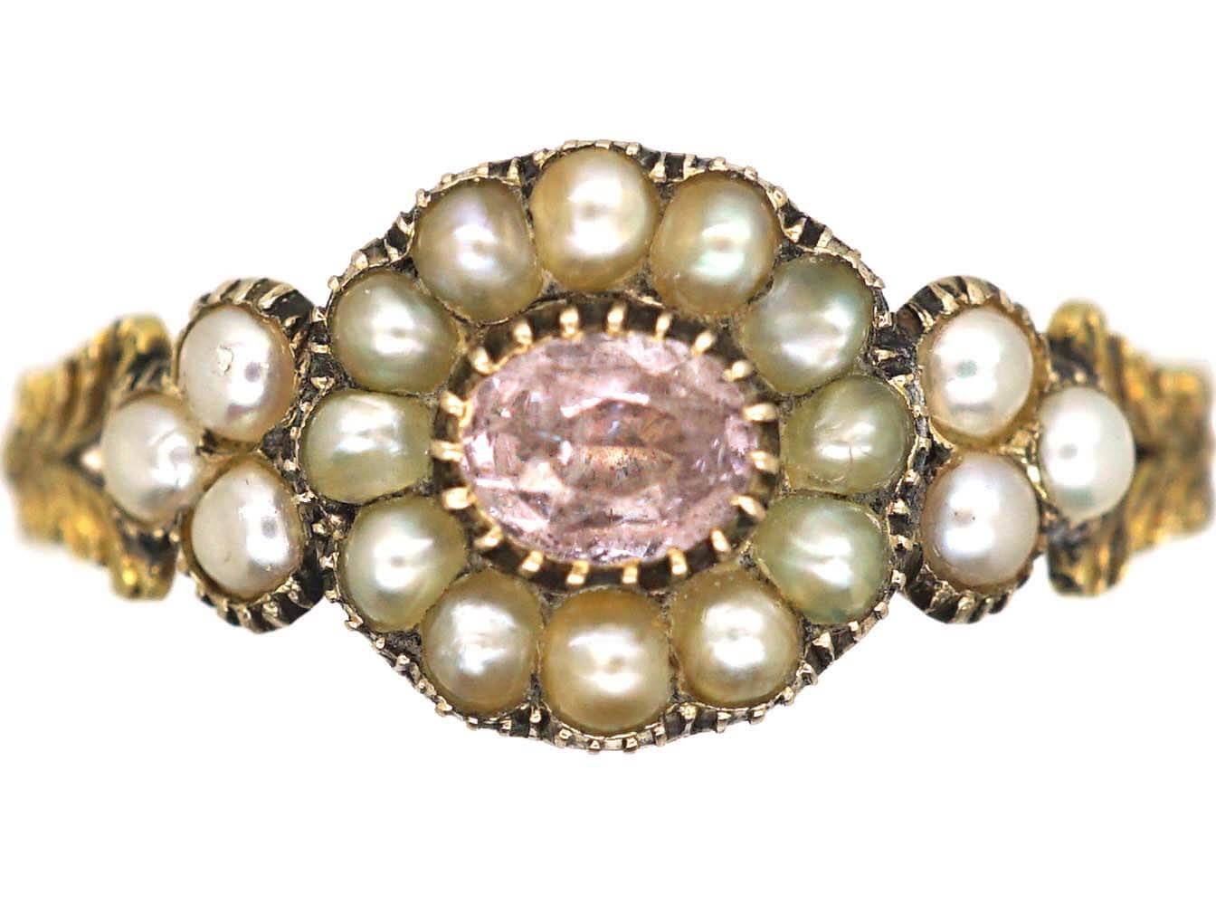Georgian 9ct Gold Cluster Ring set with a Pink Tourmaline & Natural Split Pearls