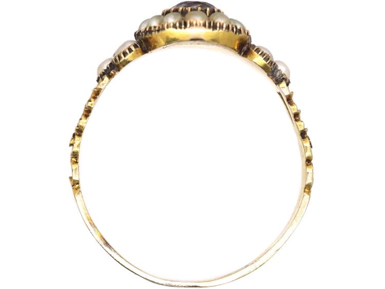 Georgian 9ct Gold Cluster Ring set with a Pink Tourmaline & Natural Split Pearls