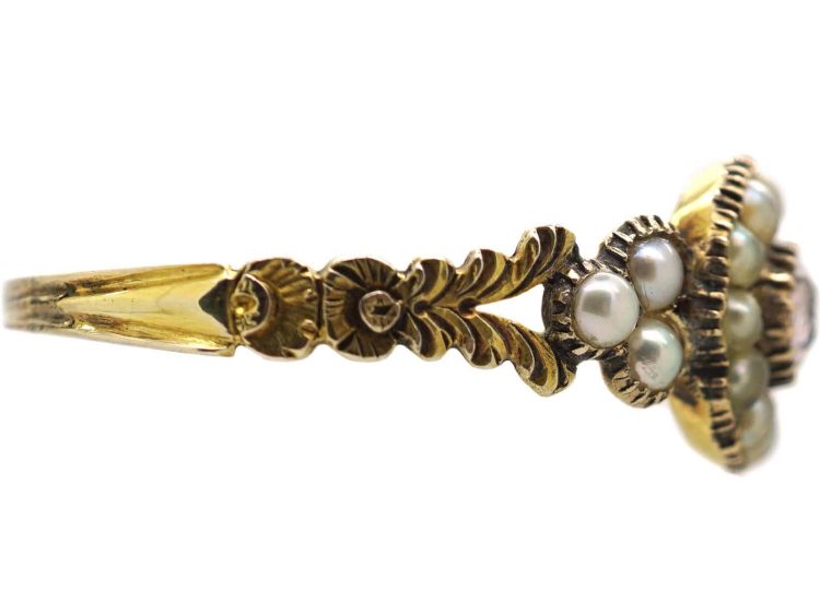 Georgian 9ct Gold Cluster Ring set with a Pink Tourmaline & Natural Split Pearls