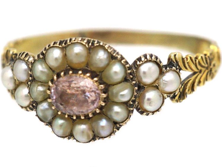 Georgian 9ct Gold Cluster Ring set with a Pink Tourmaline & Natural Split Pearls