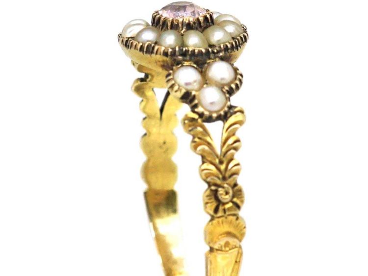 Georgian 9ct Gold Cluster Ring set with a Pink Tourmaline & Natural Split Pearls