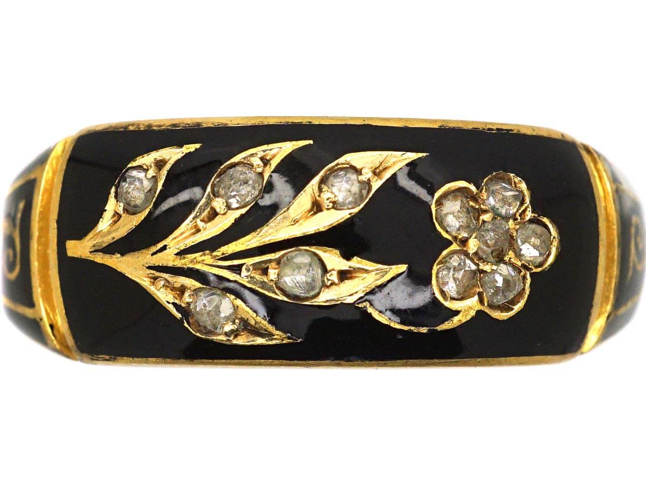 Victorian 18ct Gold & Black Enamel & Diamond Flower Ring