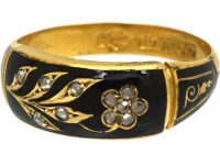 Victorian 18ct Gold & Black Enamel & Diamond Flower Ring