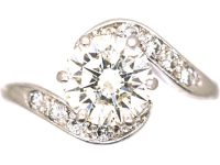 Edwardian Platinum, Solitaire Diamond Crossover Ring with Diamond set Shoulders