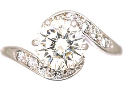 Edwardian Platinum, Solitaire Diamond Crossover Ring with Diamond set Shoulders