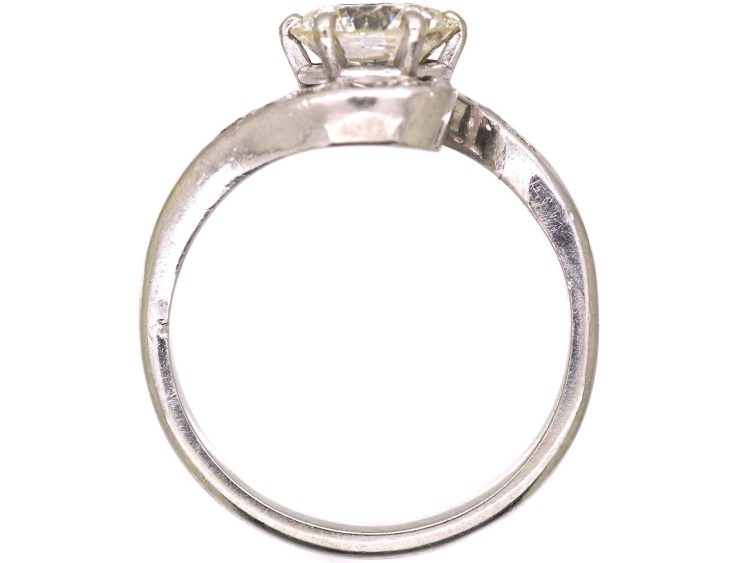 Edwardian Platinum, Solitaire Diamond Crossover Ring with Diamond set Shoulders