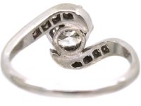 Edwardian Platinum, Solitaire Diamond Crossover Ring with Diamond set Shoulders