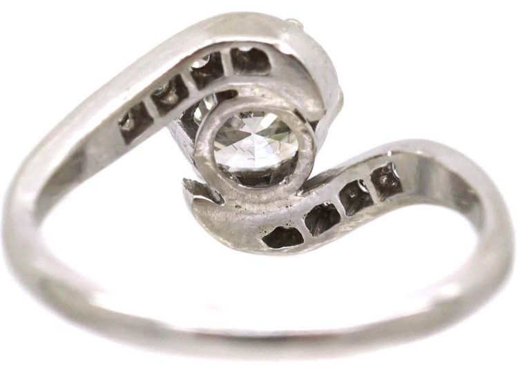Edwardian Platinum, Solitaire Diamond Crossover Ring with Diamond set Shoulders